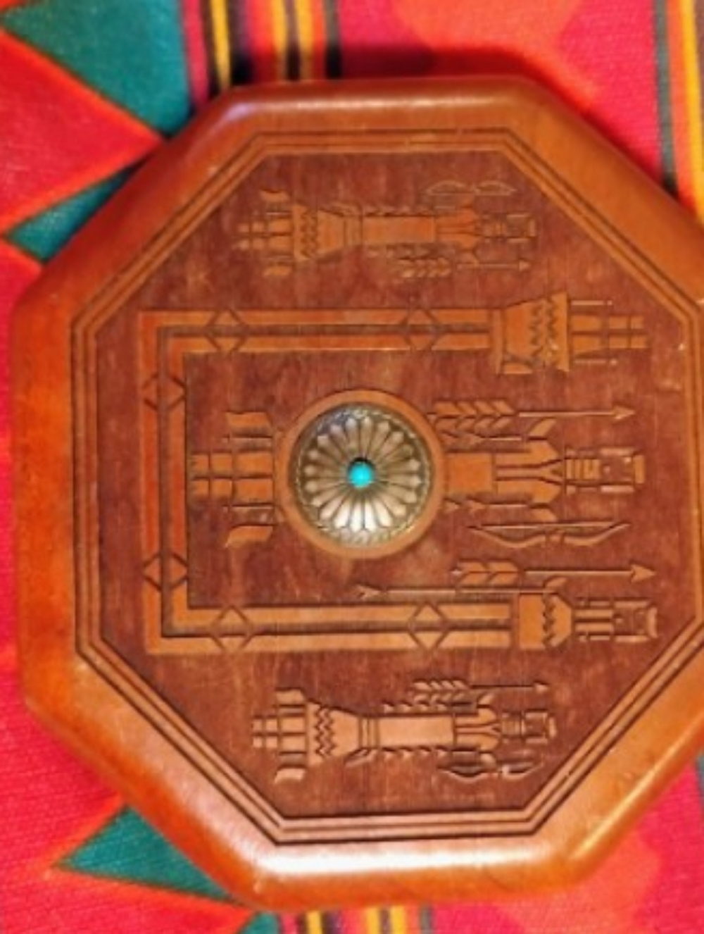 Rare Vintage Southwestern Carved Wood Music Box - Silver & Turquoise Concho